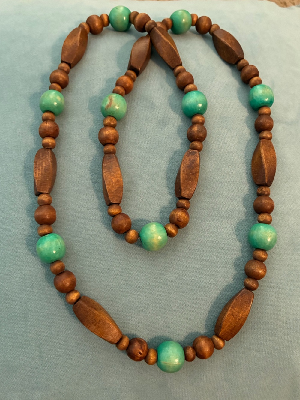 Beautiful Long Turquoise and Brown Wooden Beaded Necklace